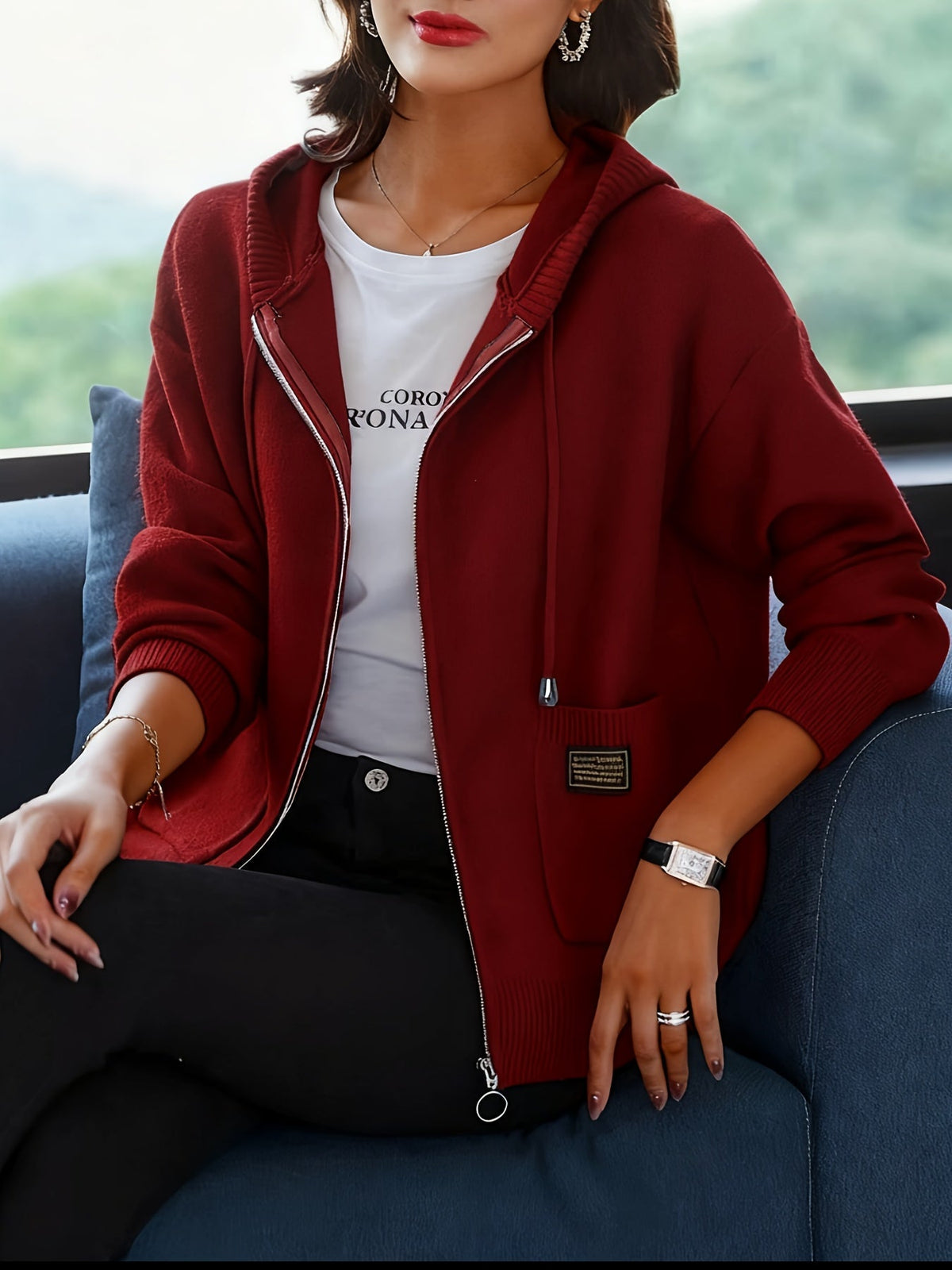 Sidonie™ | Women's Zip Up Hooded Knit Cardigan with Pockets