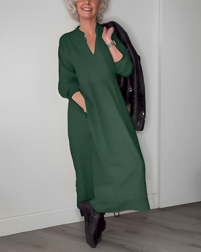 Robe Longue Femme Col V - Manches Longues en Coton