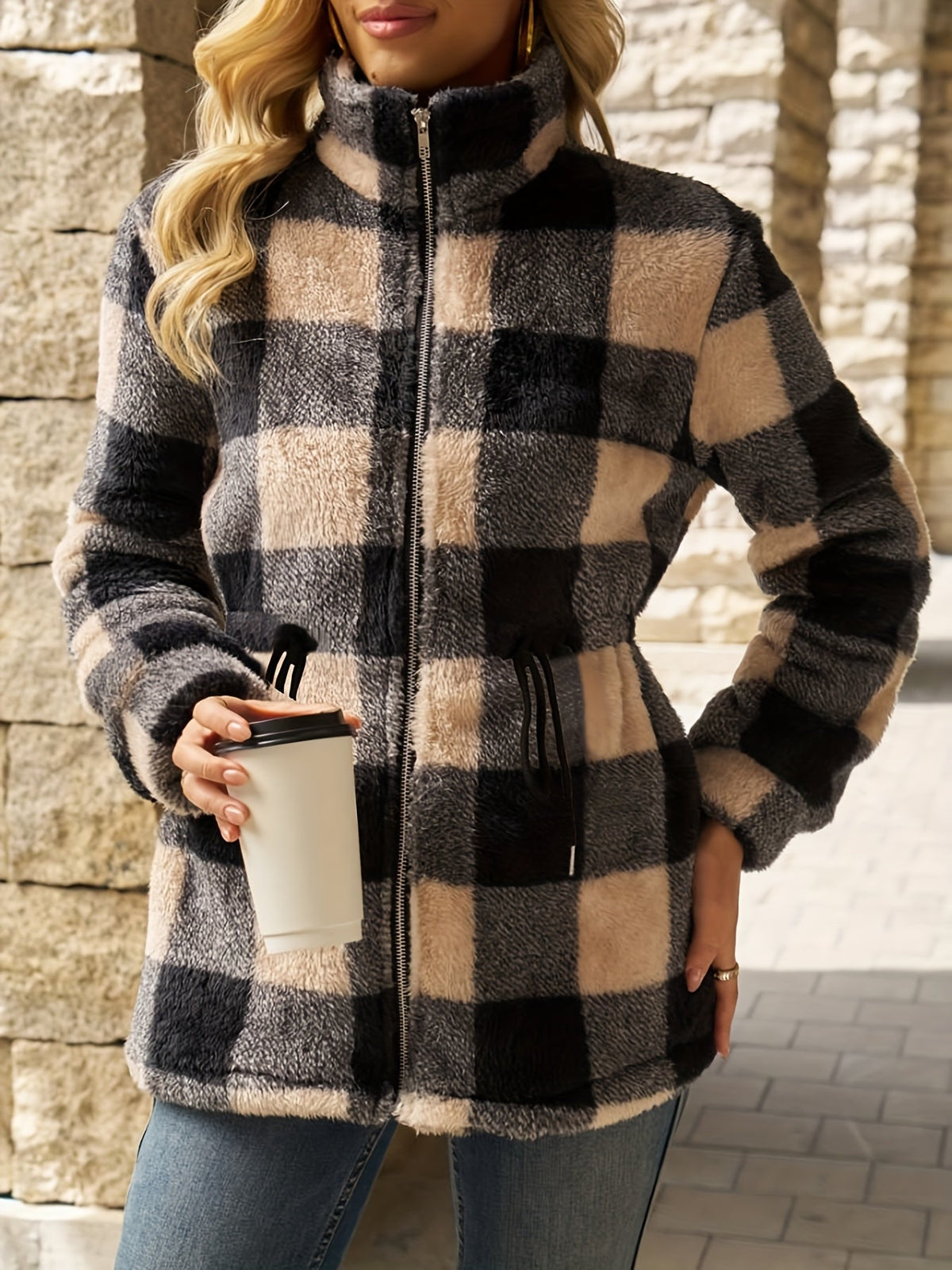 Euphemia™ | Women's Checked Plush Hooded Zip Jacket