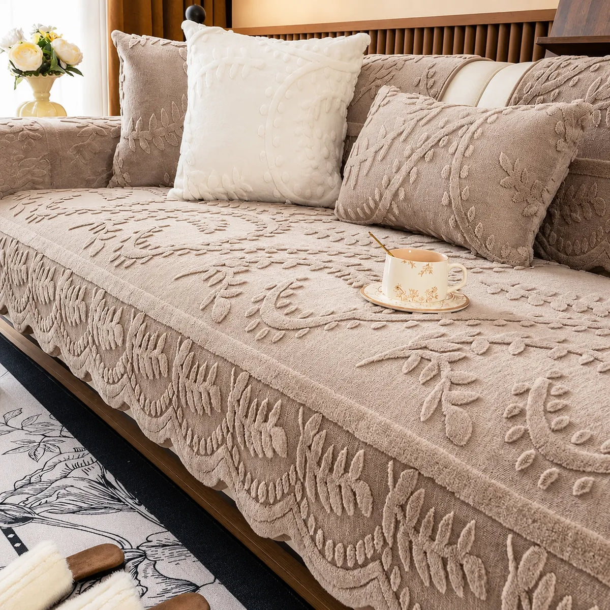 Housse de Canapé en Peluche Antidérapante à Motif Botanique Gaufré