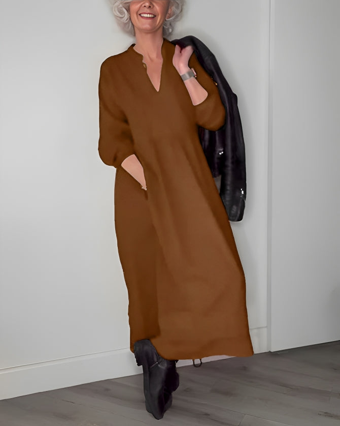 Robe Longue Femme Col V - Manches Longues en Coton