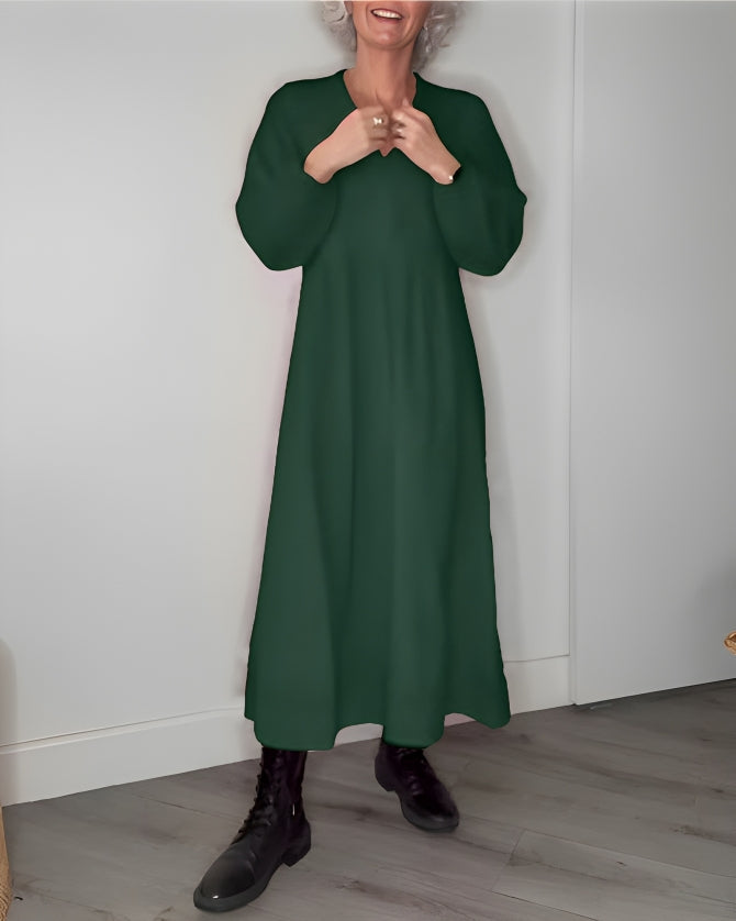 Robe Longue Femme Col V - Manches Longues en Coton