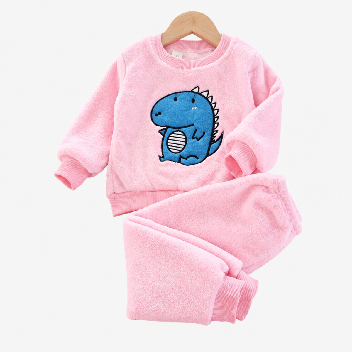 Girls long sleeve fleece pyjama set with pink dinosaur print