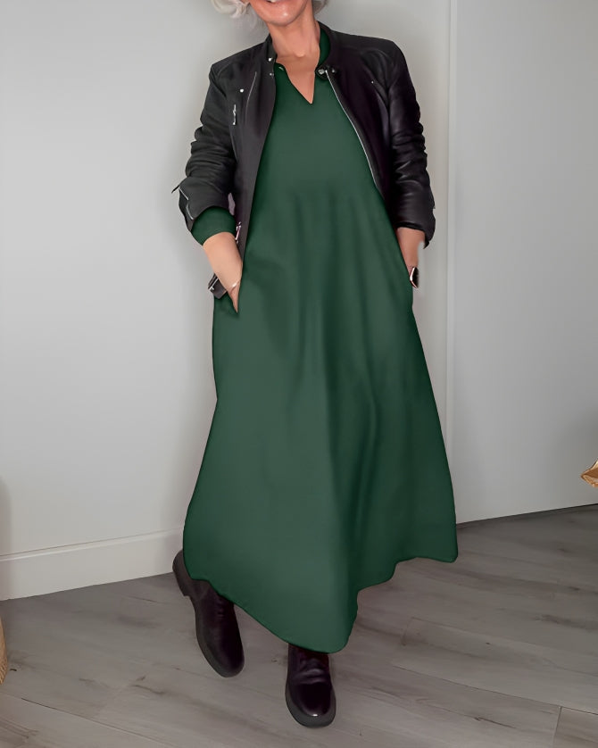 Robe Longue Femme Col V - Manches Longues en Coton