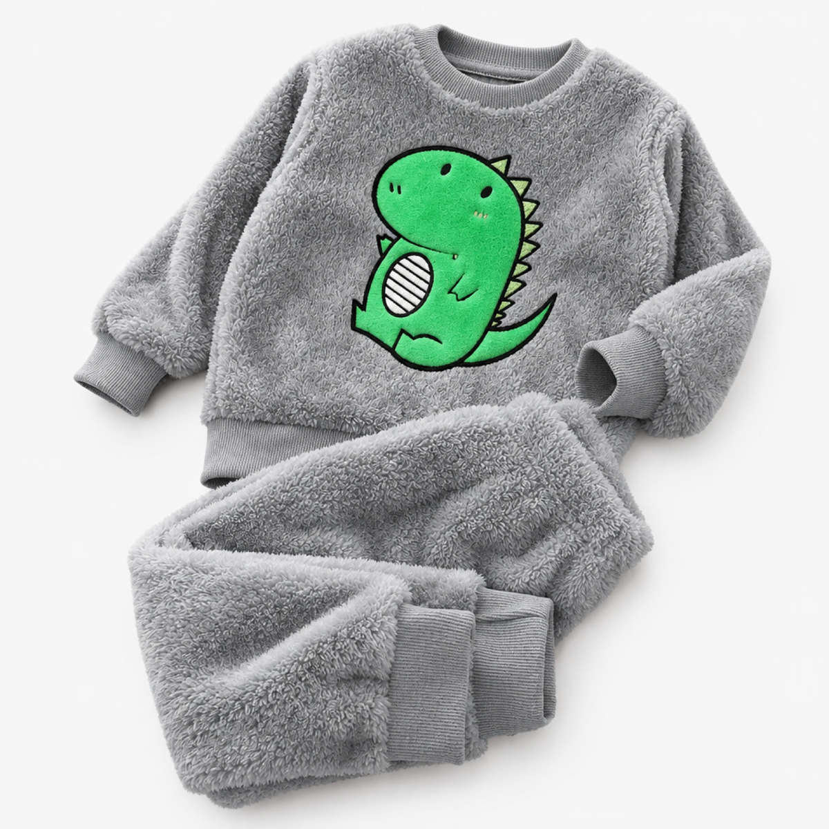 Girls long sleeve fleece pyjama set with grey dinosaur print