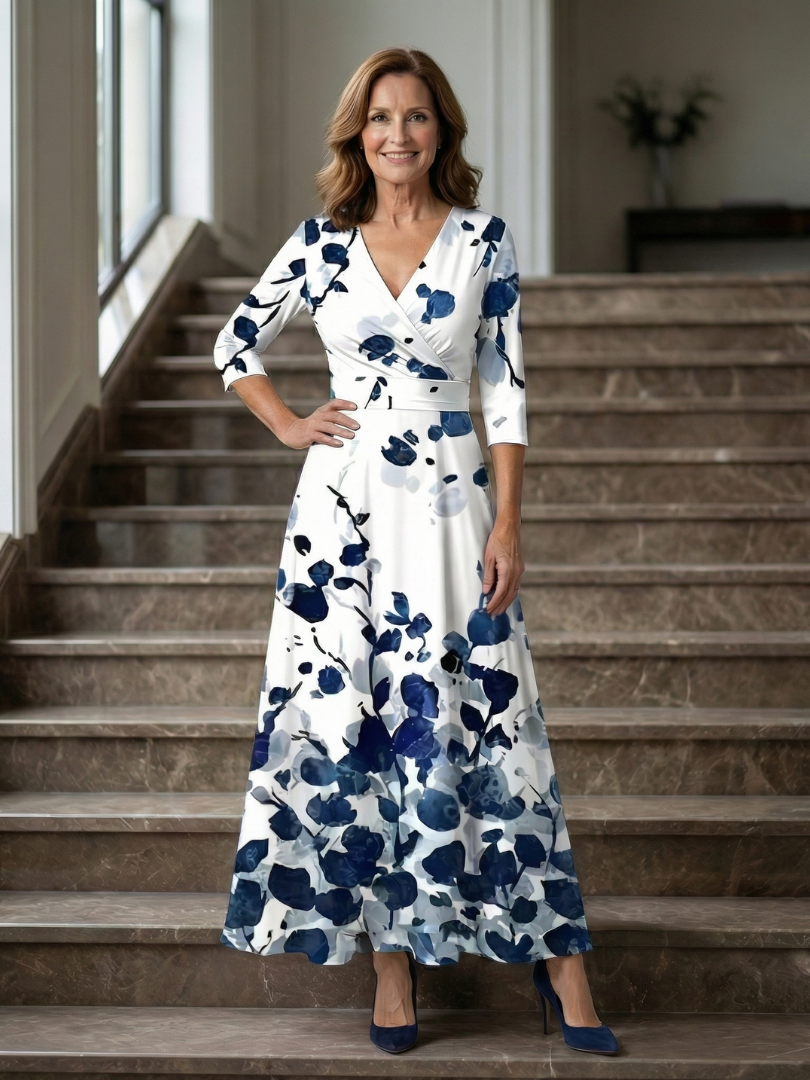Robe Midi Cache-Cœur Fleurie Manches 3/4