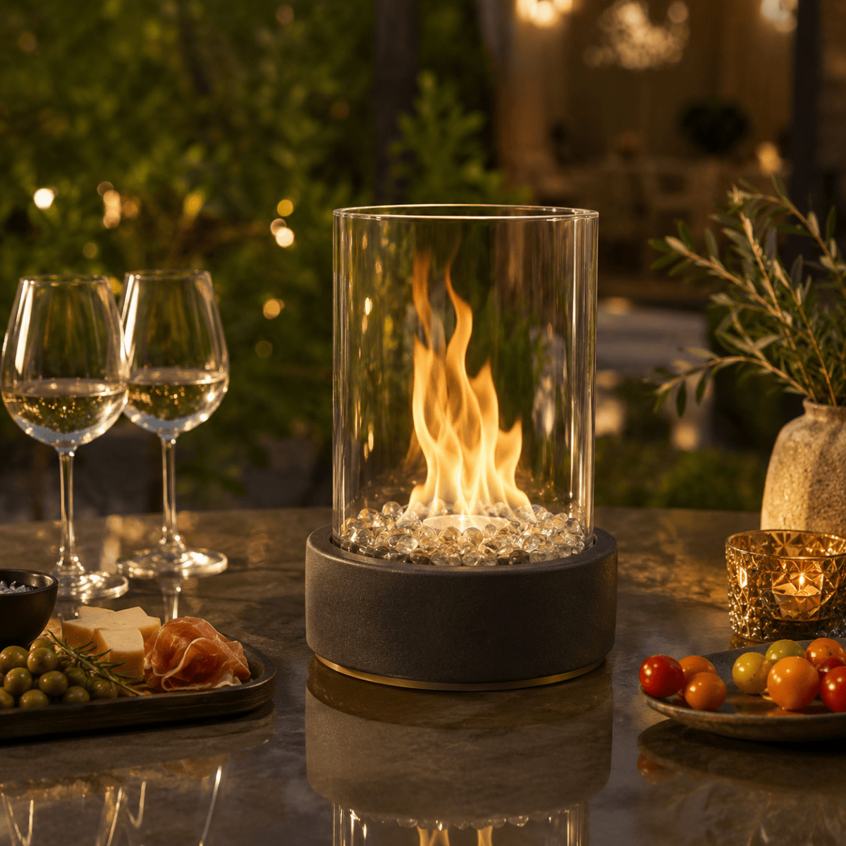 Tabletop Fireplace – Black metal with clear glass, modern and minimalist, for the living room or patio