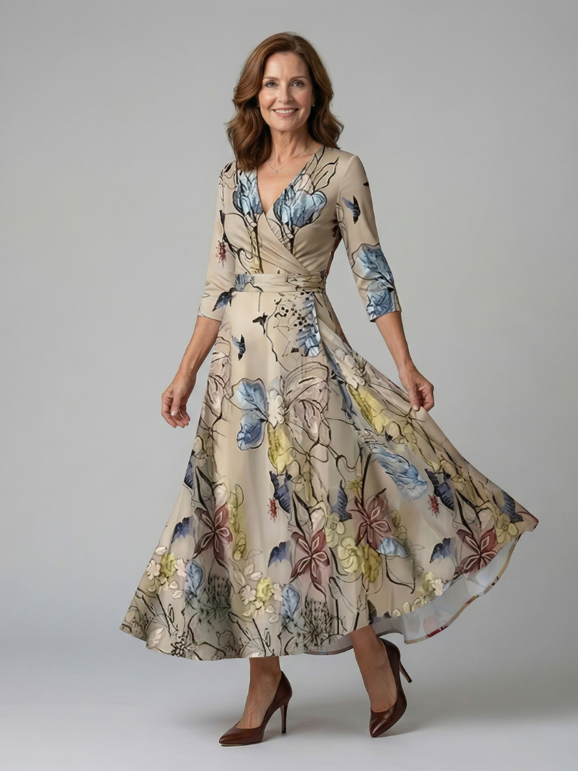 Robe Midi Cache-Cœur Fleurie Manches 3/4