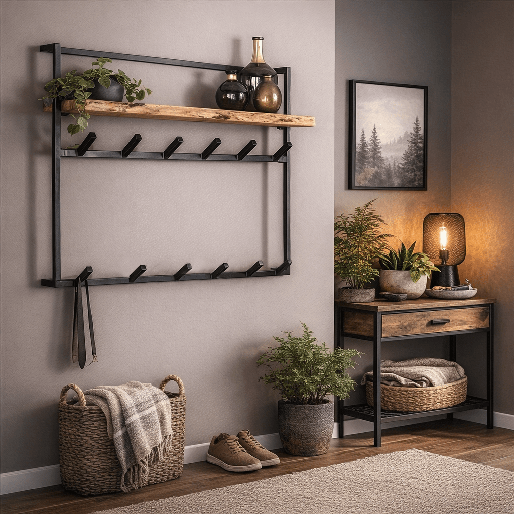 Industrial Coat Rack – Solid Acacia Wood with Black Metal Hooks for the Entryway or Living Room
