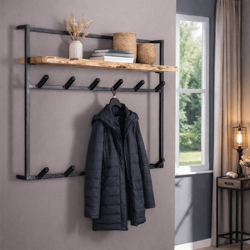 Industrial Coat Rack – Solid Acacia Wood with Black Metal Hooks for the Entryway or Living Room