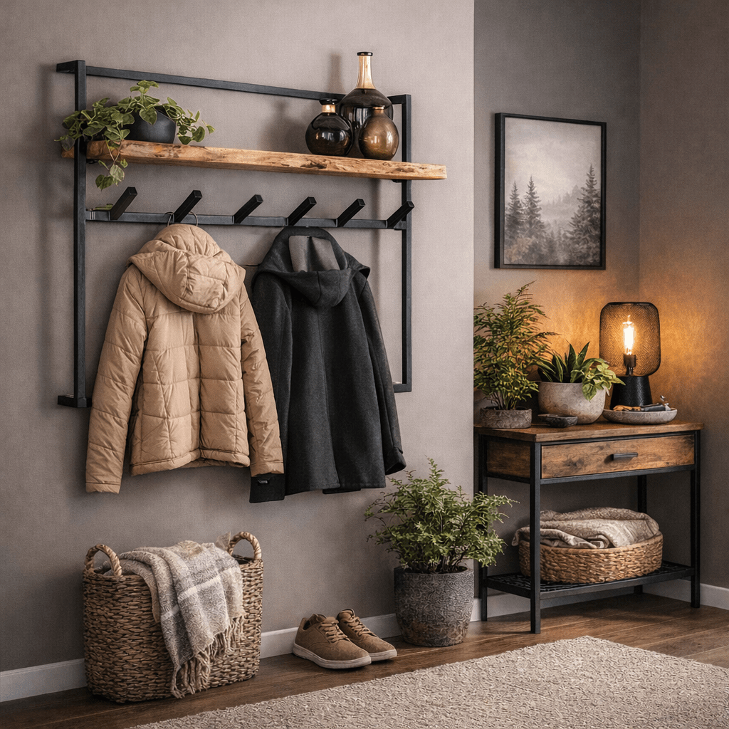 Industrial Coat Rack – Solid Acacia Wood with Black Metal Hooks for the Entryway or Living Room