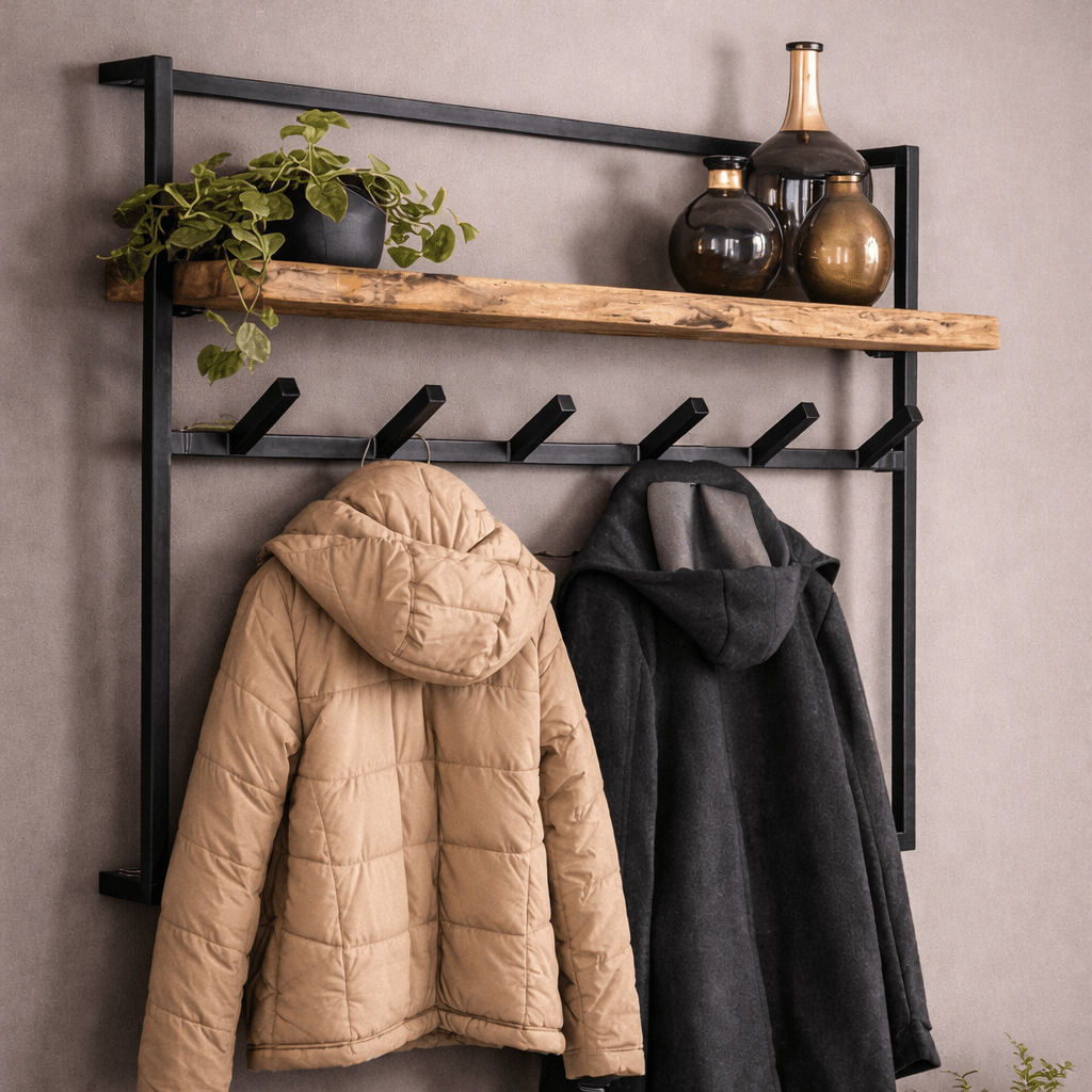 Industrial Coat Rack – Solid Acacia Wood with Black Metal Hooks for the Entryway or Living Room
