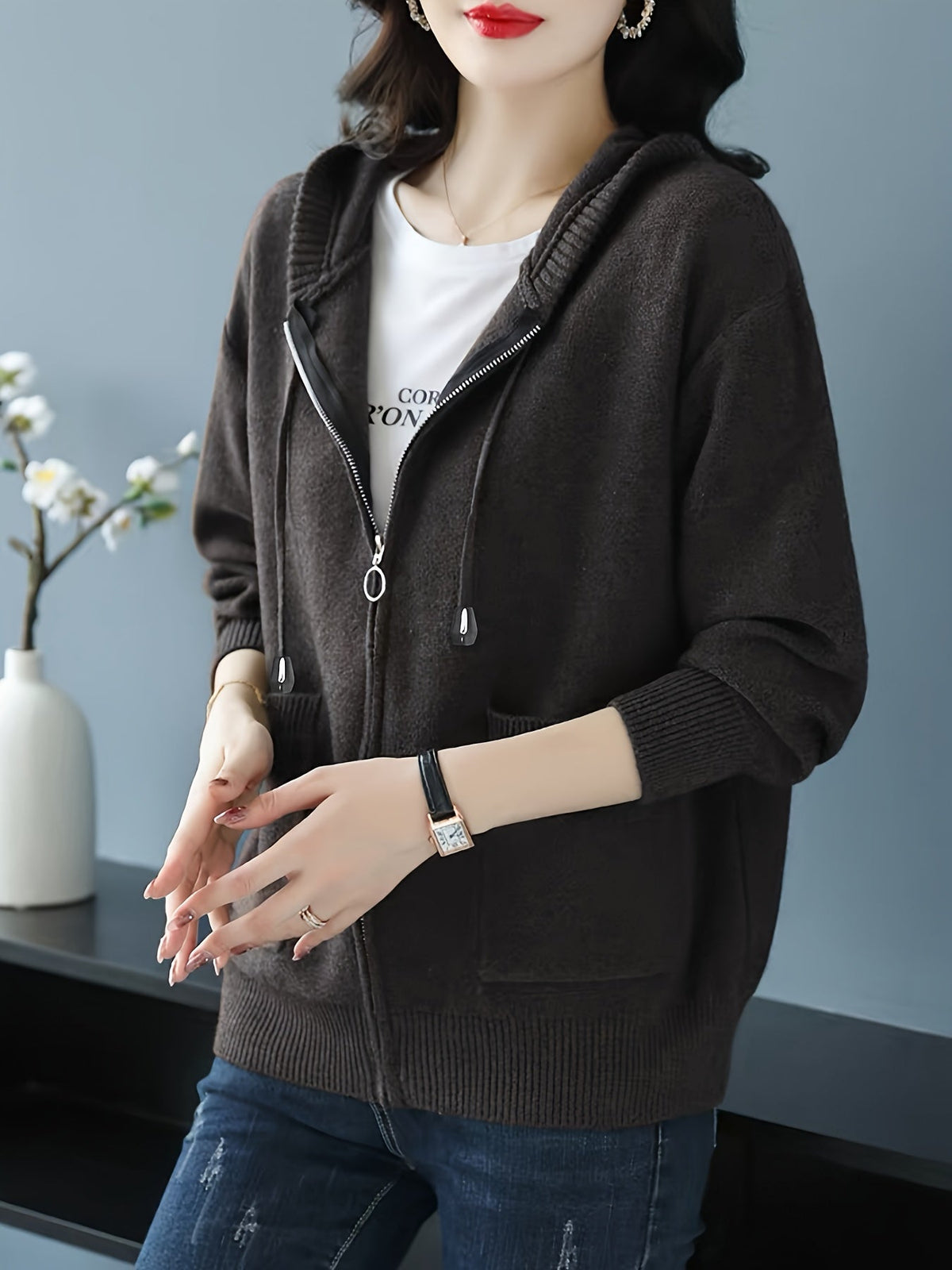 Sidonie™ | Women's Zip Up Hooded Knit Cardigan with Pockets