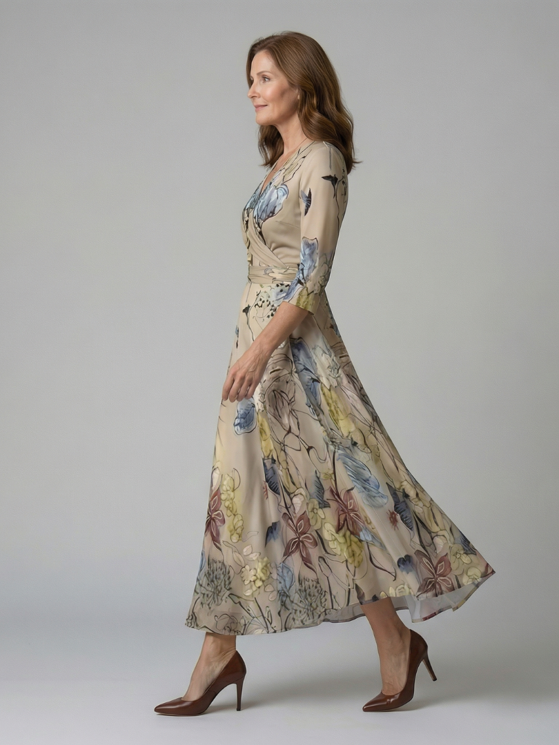 Robe Midi Cache-Cœur Fleurie Manches 3/4