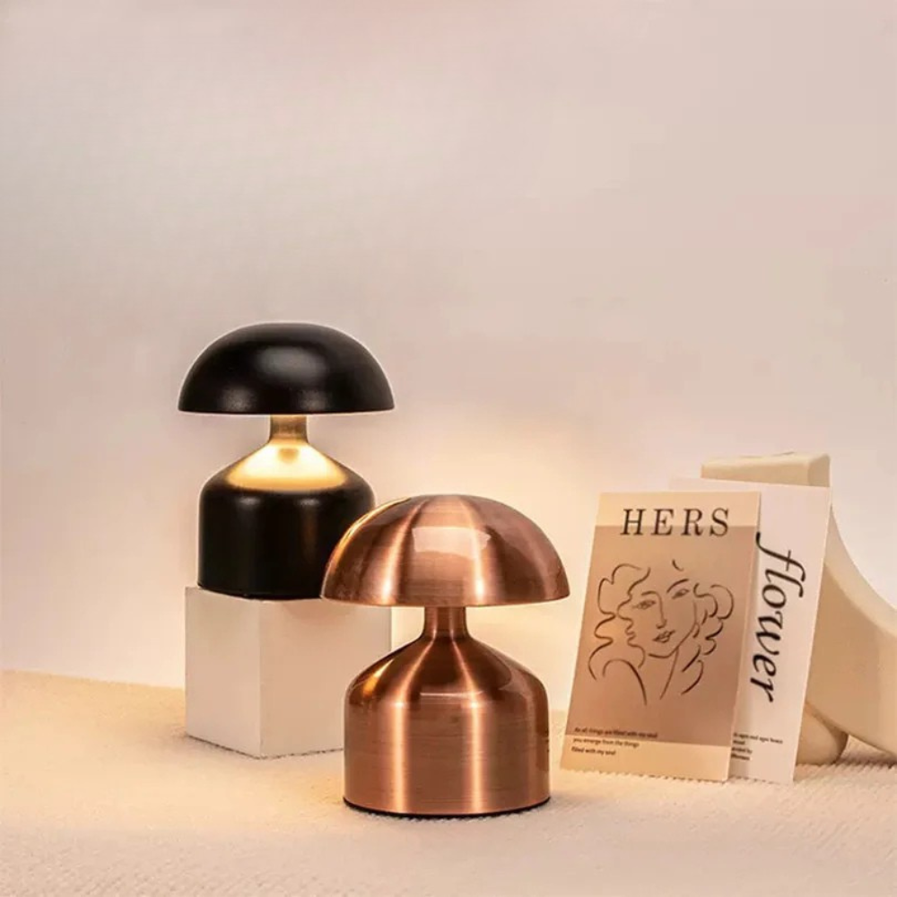Lampe de table rechargeable – Forme champignon rétro, finition métallique pour salon ou chambre