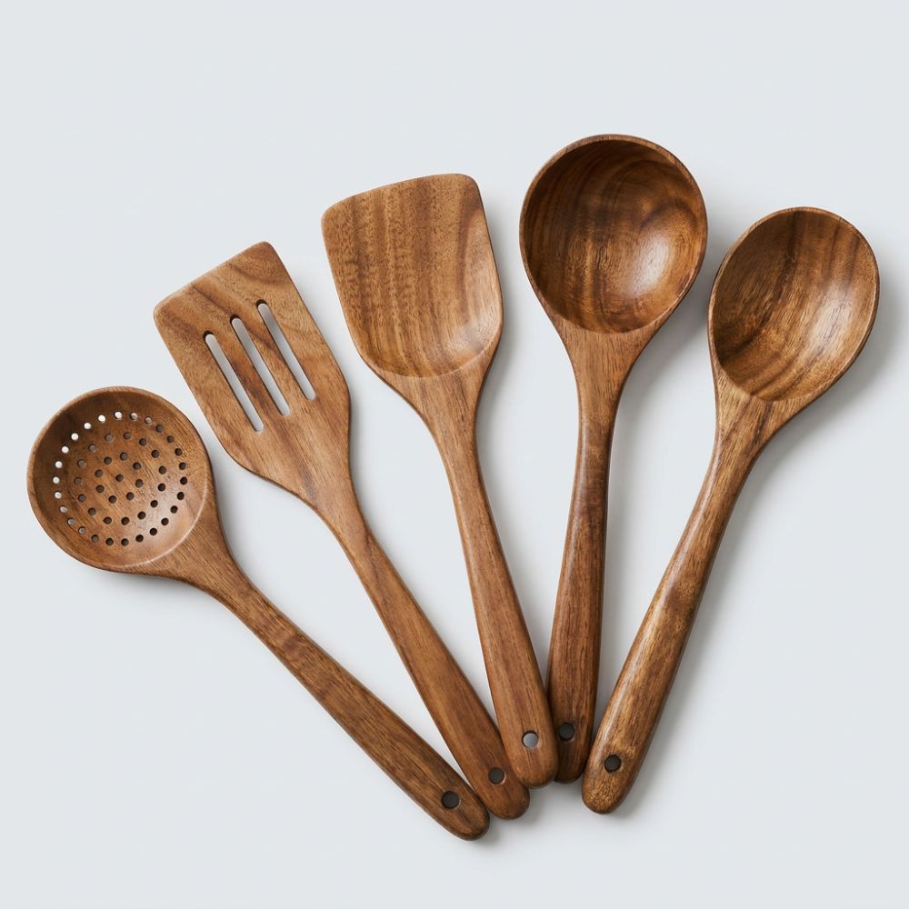 Set d'Ustensiles de Cuisine en Bois de Teck, 5 Pièces