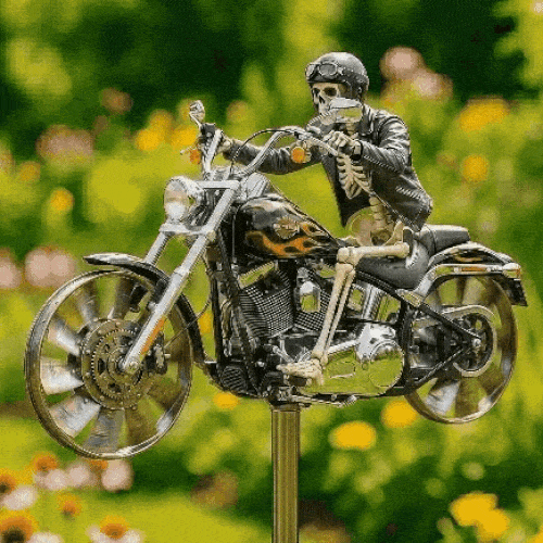 Motorrad-Windrad mit Skelett-Fahrer für Garten - Zorenza