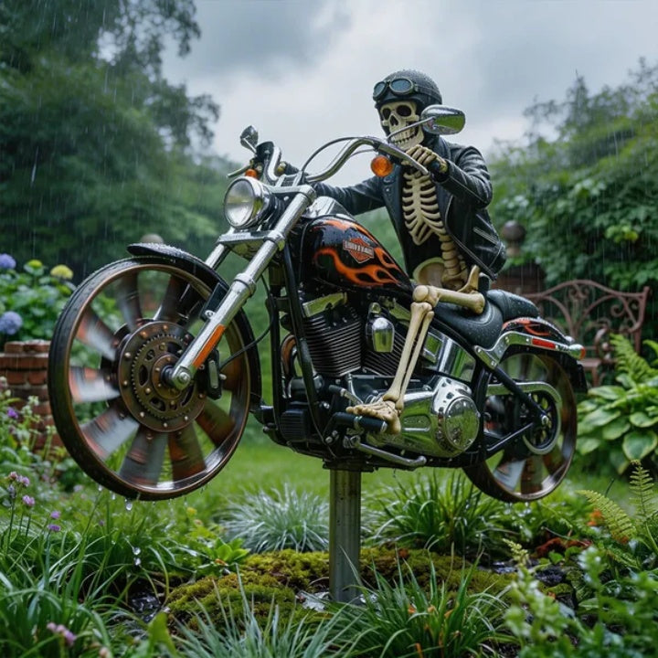 Motorrad-Windrad mit Skelett-Fahrer für Garten - Zorenza