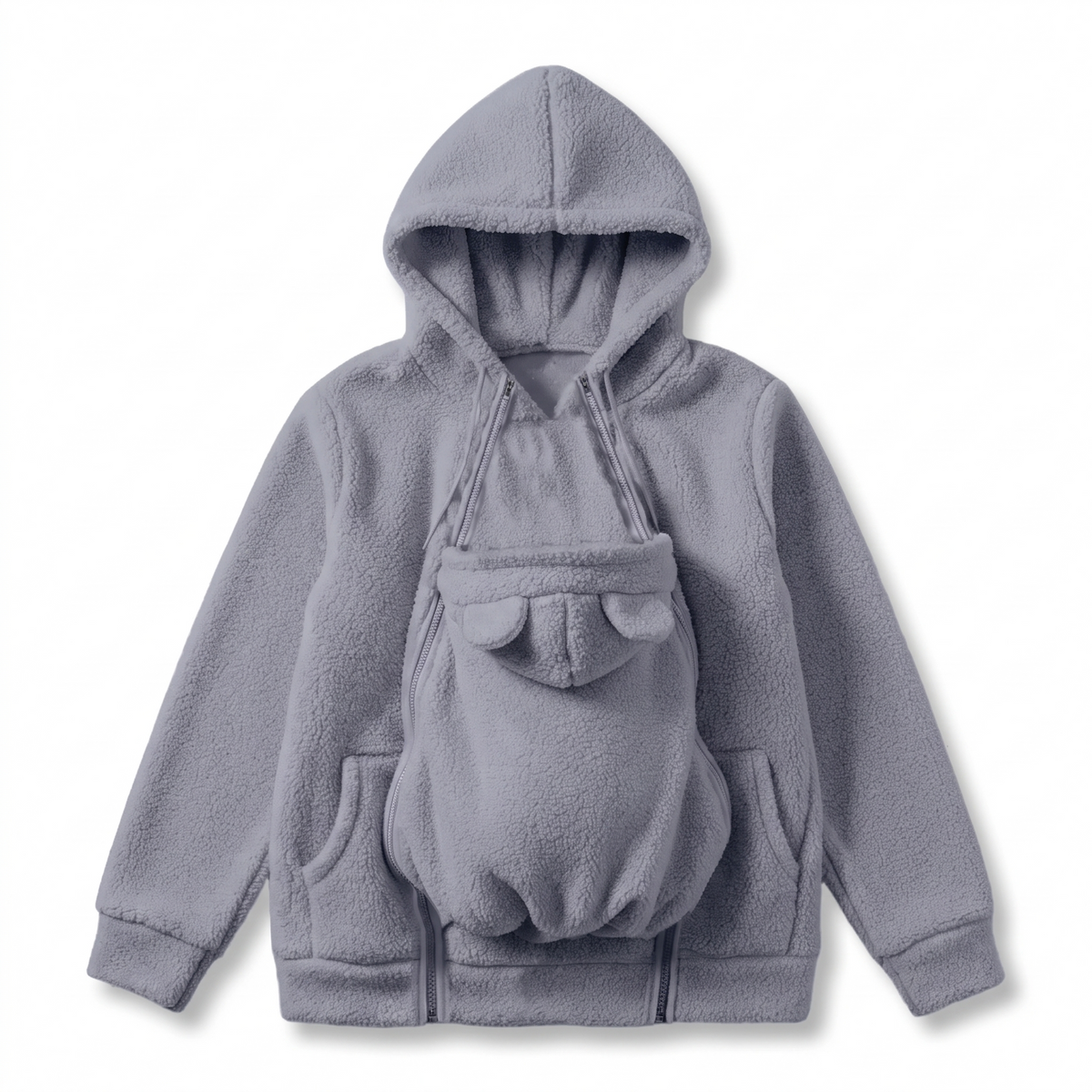 Side pockets on the fleece baby carrier hoodie for keeping essentials within reach