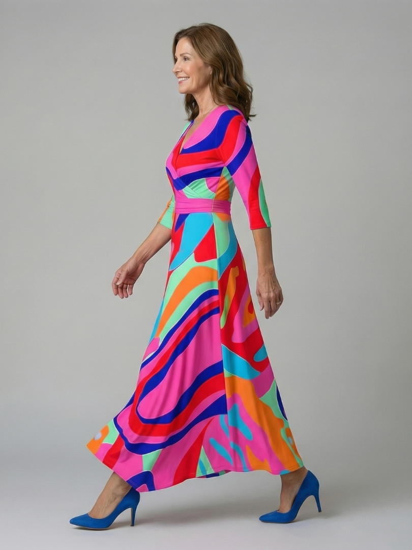 Robe Midi Cache-Cœur Fleurie Manches 3/4