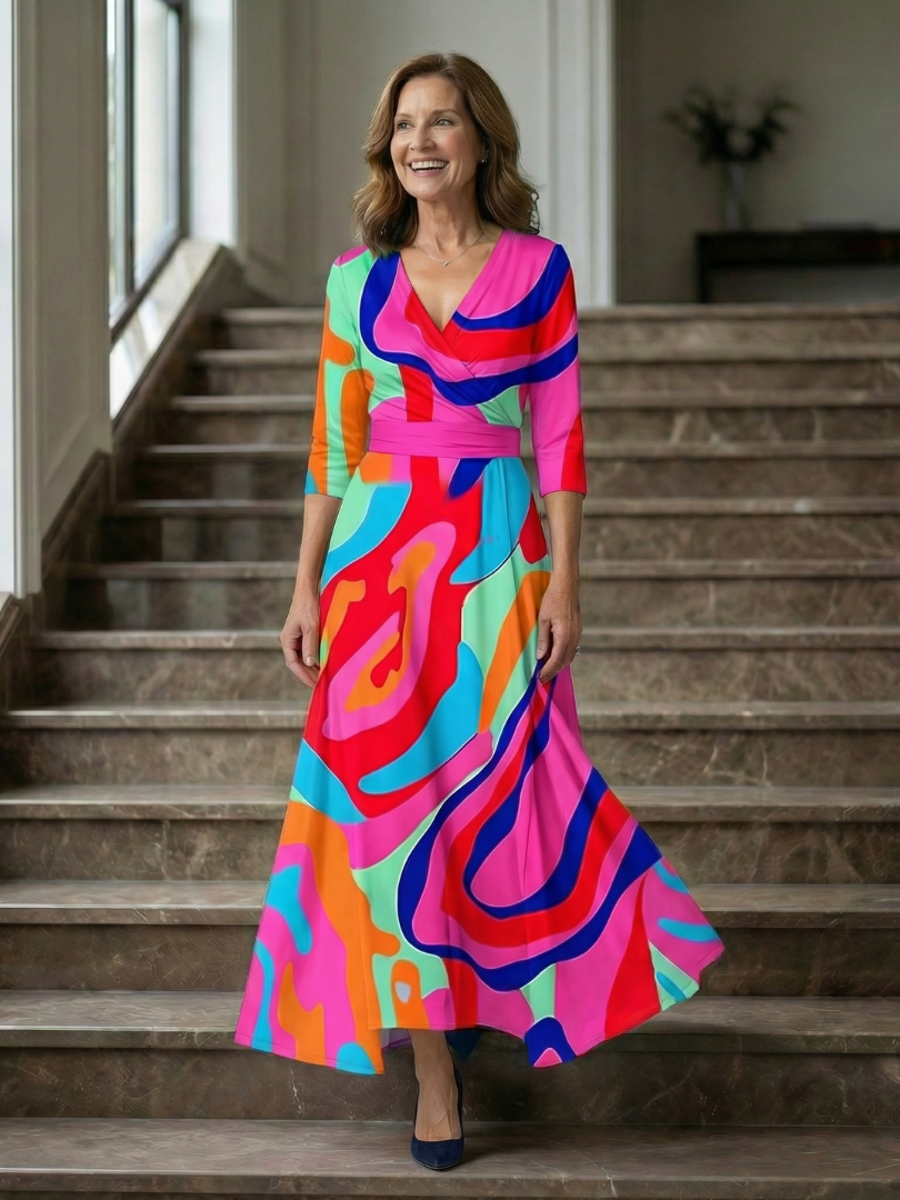 Robe Midi Cache-Cœur Fleurie Manches 3/4