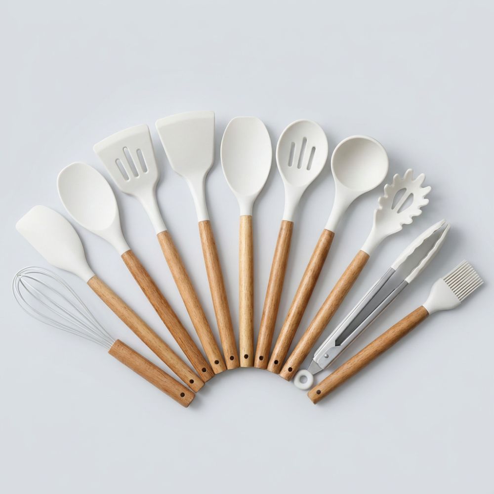 Set d'Ustensiles de Cuisine en Silicone et Bois