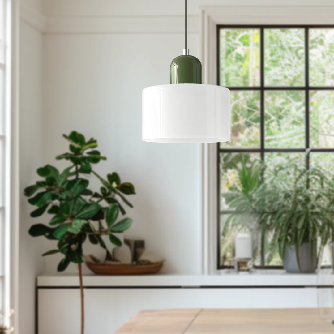 Retro pendant light – Dark green and orange glass shade for a dining table or reading nook, adjustable length up to 150 cm