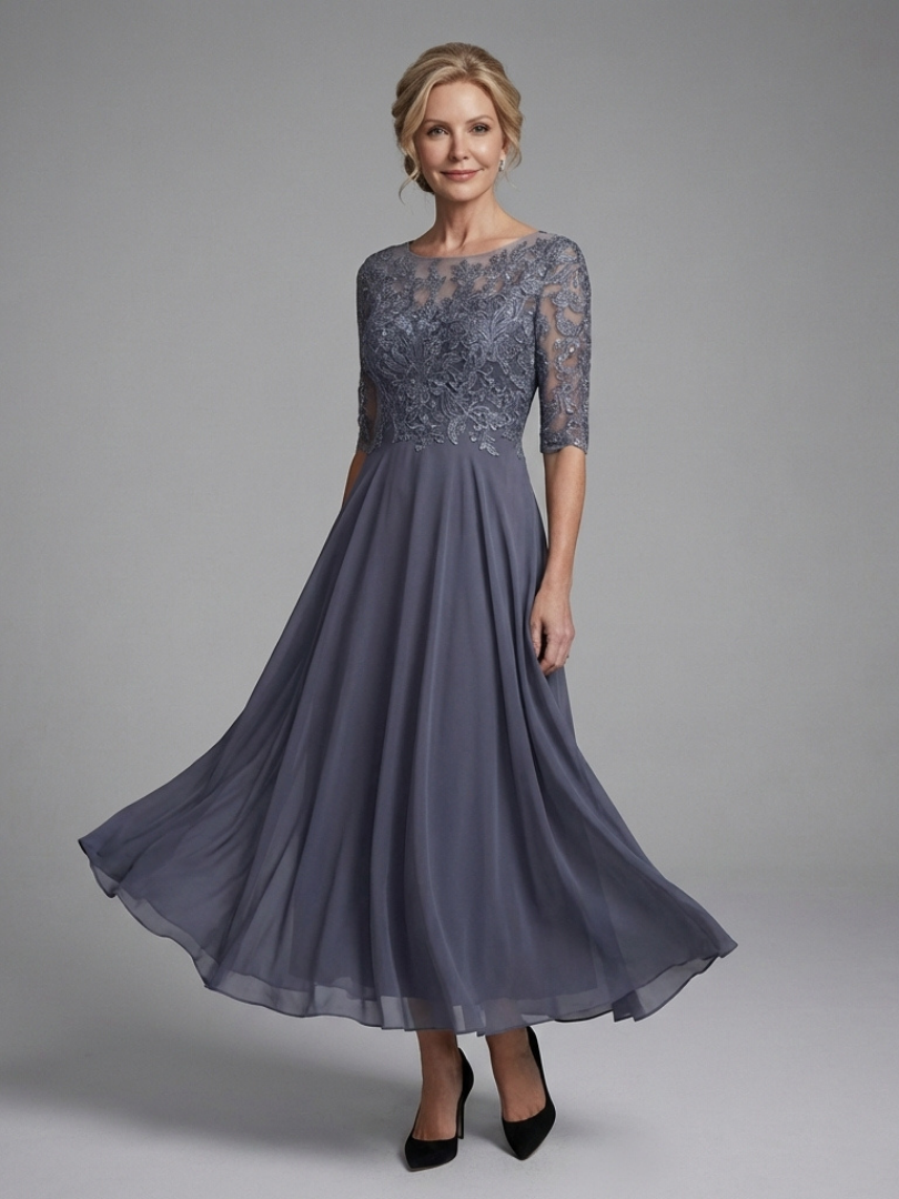 Robe Midi Femme Dentelle Manches Transparentes