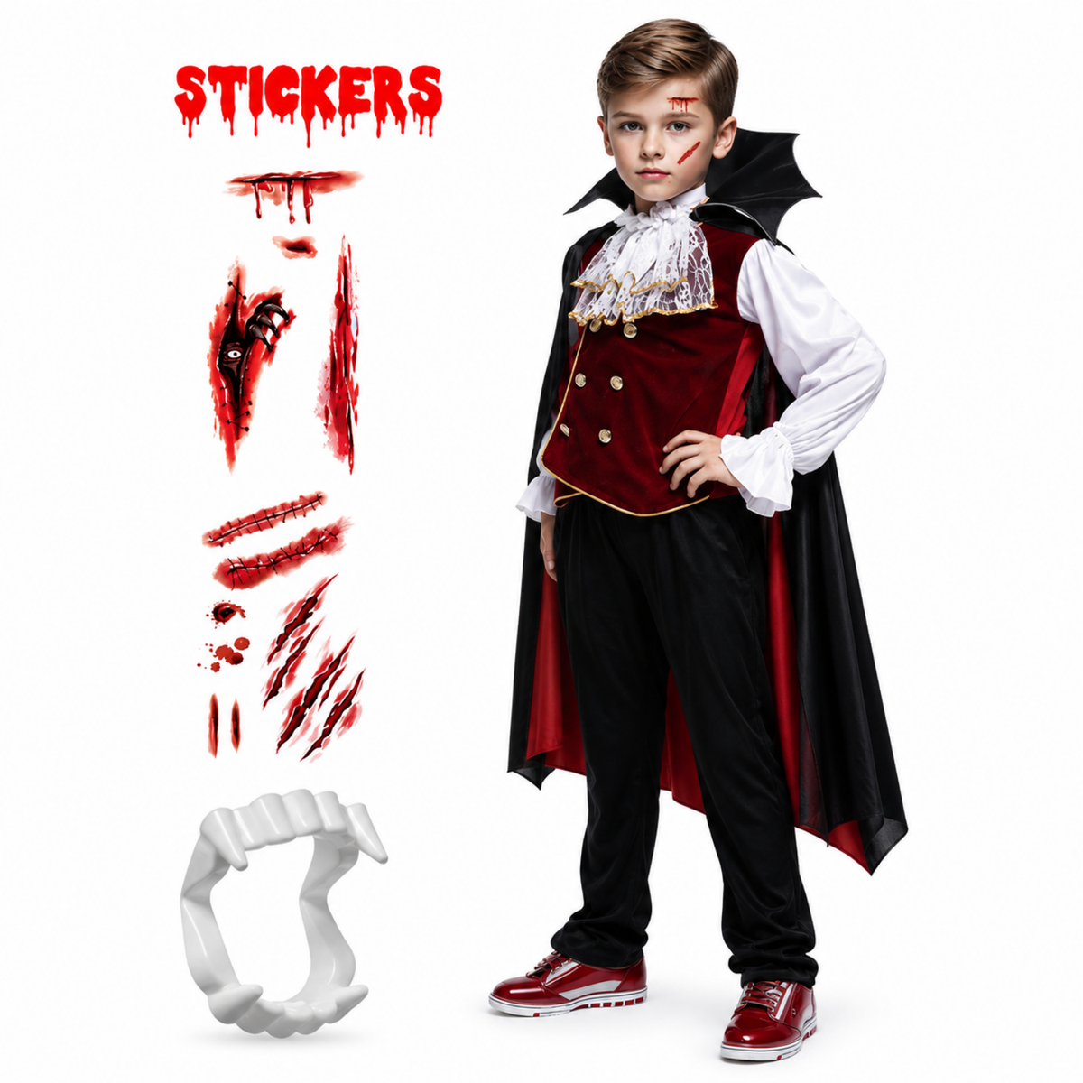 Boys vampire costume set, black colourway front view