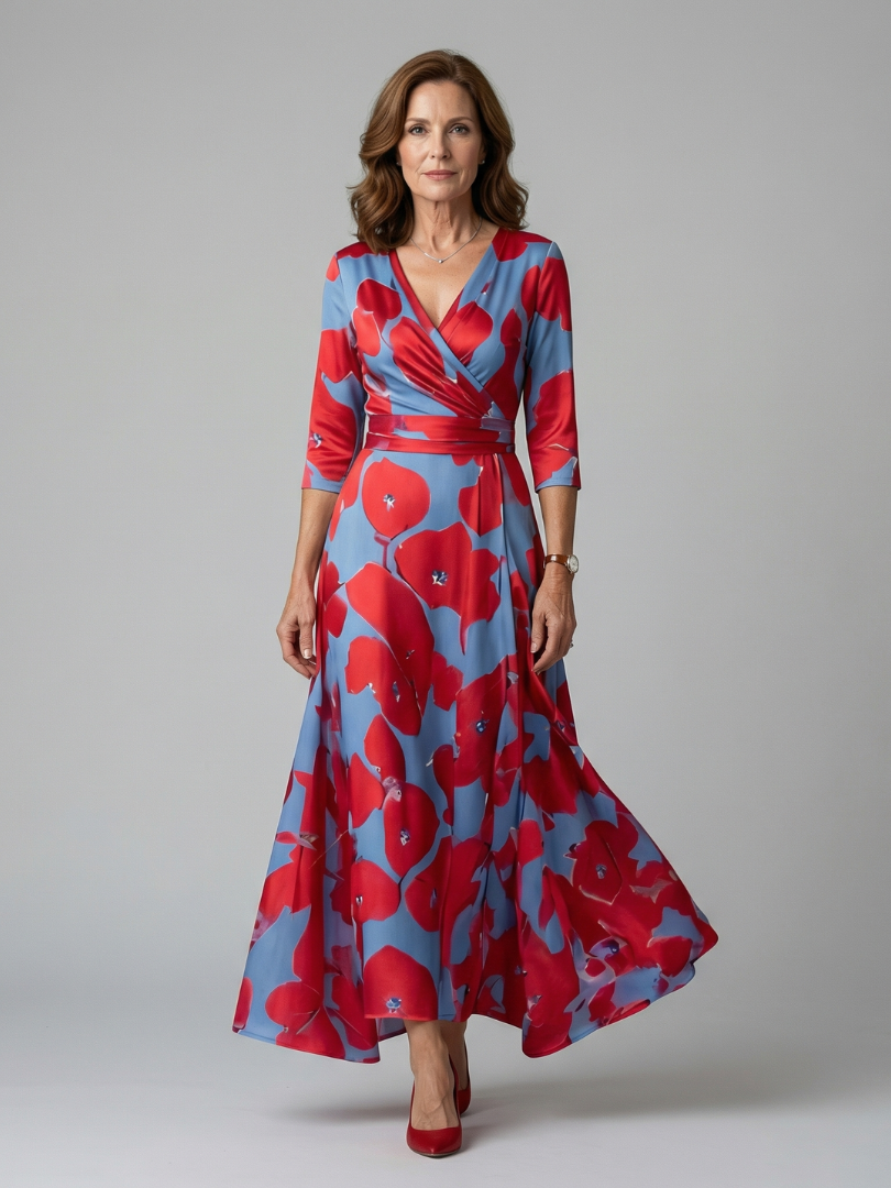 Robe Midi Cache-Cœur Fleurie Manches 3/4