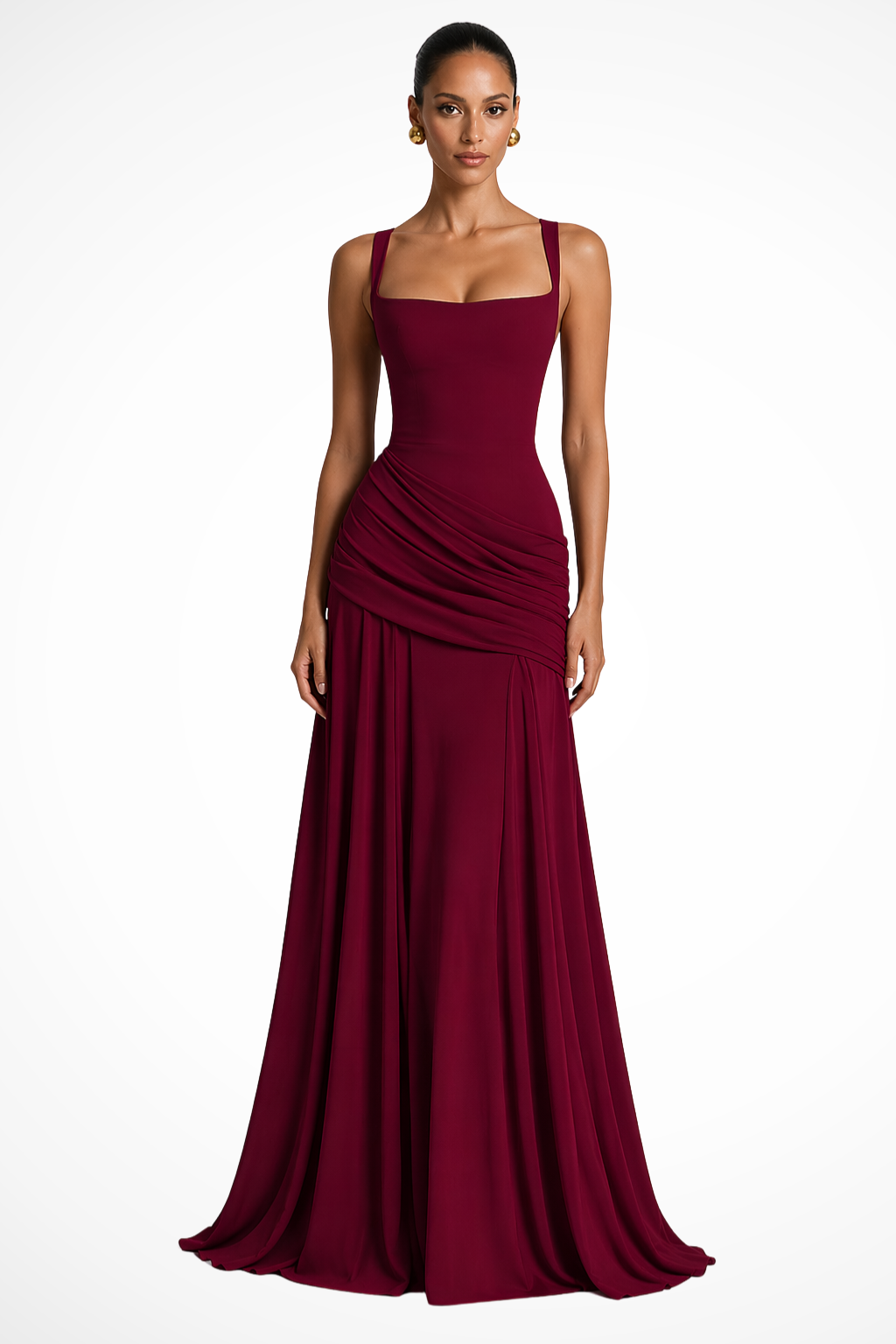Robe Longue Femme Col Carré Froncée avec Fente Latérale