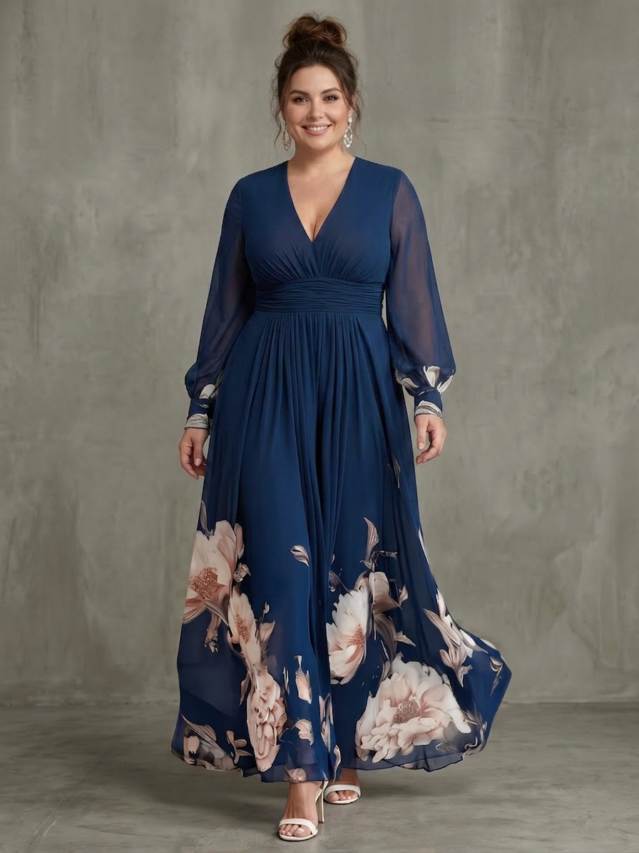 Robe Longue Femme Plissée à Manches Transparentes, Bleu Marine