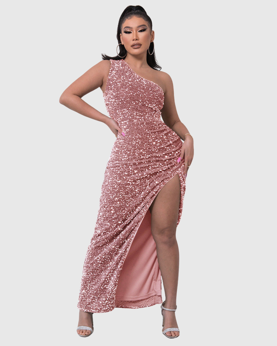 Robe de Soirée Asymétrique à Sequins Fendue Longue