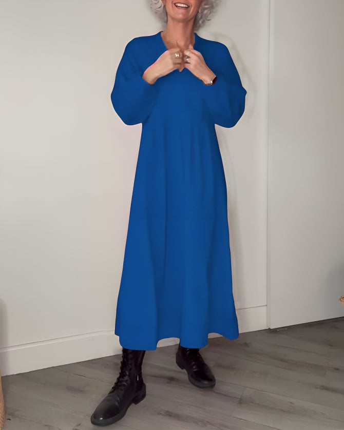 Robe Longue Femme Col V - Manches Longues en Coton