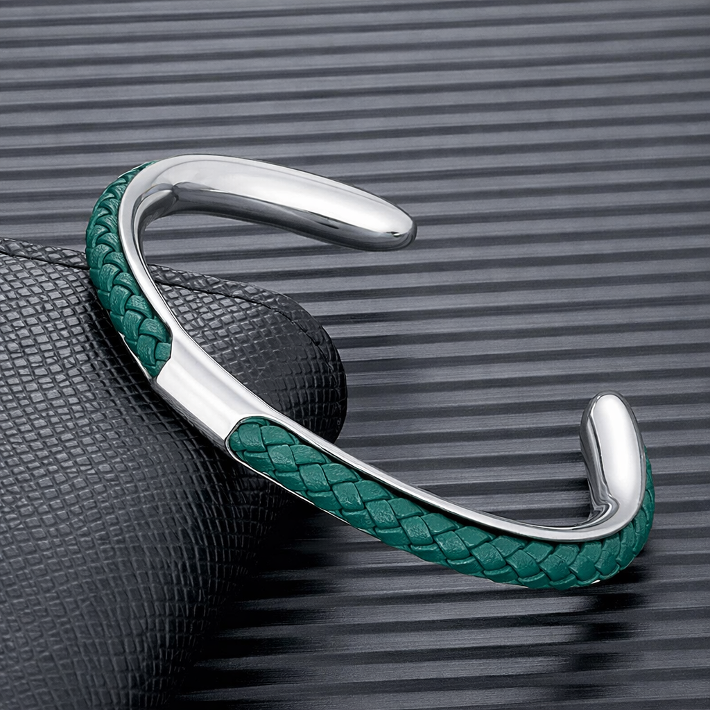 Bracelet Homme Manchette Acier Inoxydable et Cuir Tressé