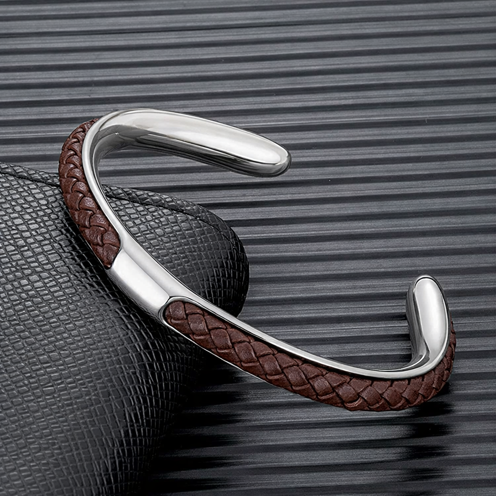 Bracelet Homme Manchette Acier Inoxydable et Cuir Tressé