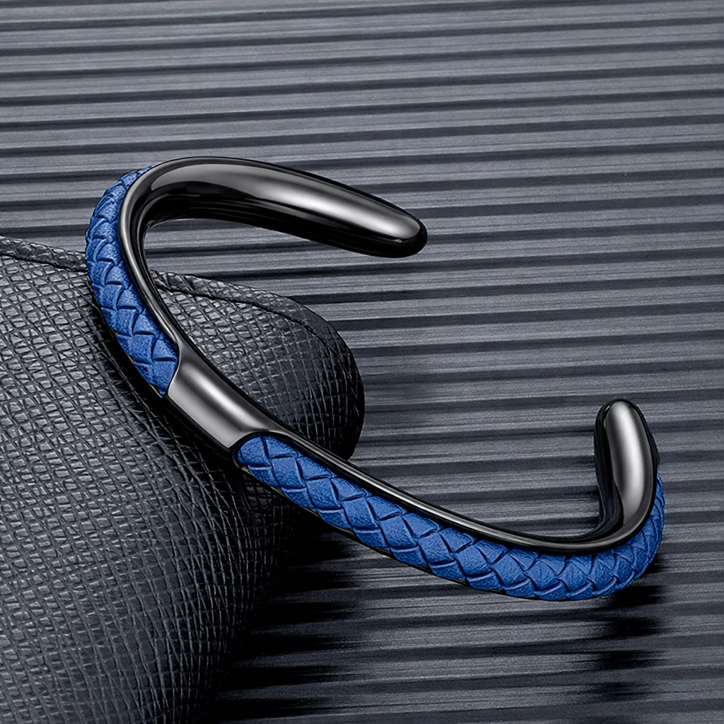 Bracelet Homme Manchette Acier Inoxydable et Cuir Tressé