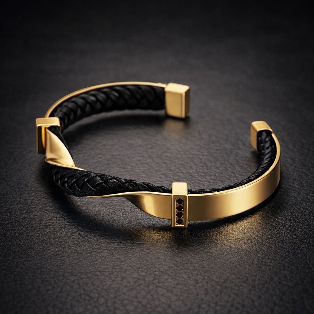 Bracelet Homme Manchette en Cuir Tressé et Acier Inoxydable