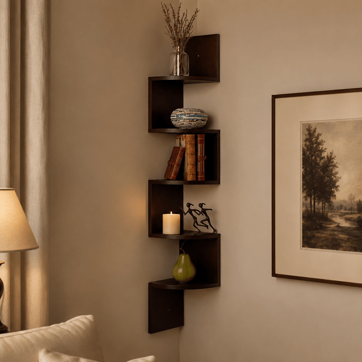 Corner Shelf – Black-lacquered MDF, modern design for the living room or bedroom