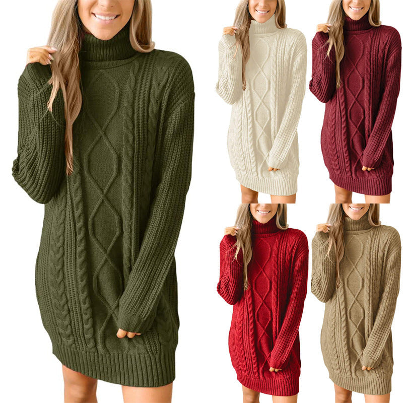 Robe Pull Femme Col Roulé Maille Torsadée