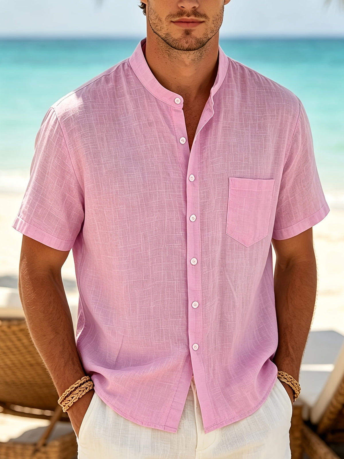 Chemise Homme en Lin Col Montant Manches Courtes et Poche Poitrine