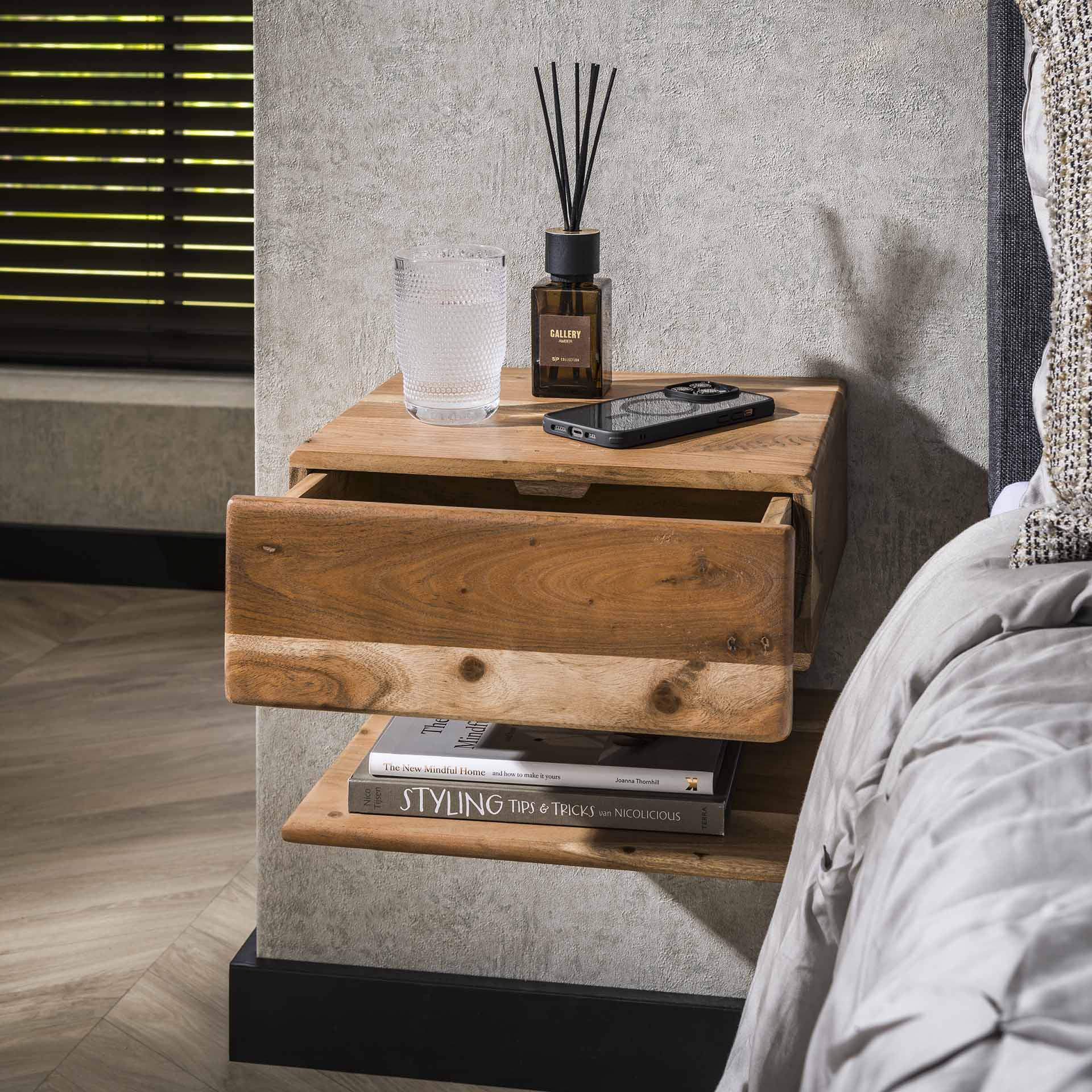 Floating Nightstand – Acacia Wood with Drawer and Open Shelf for Bedroom Decor