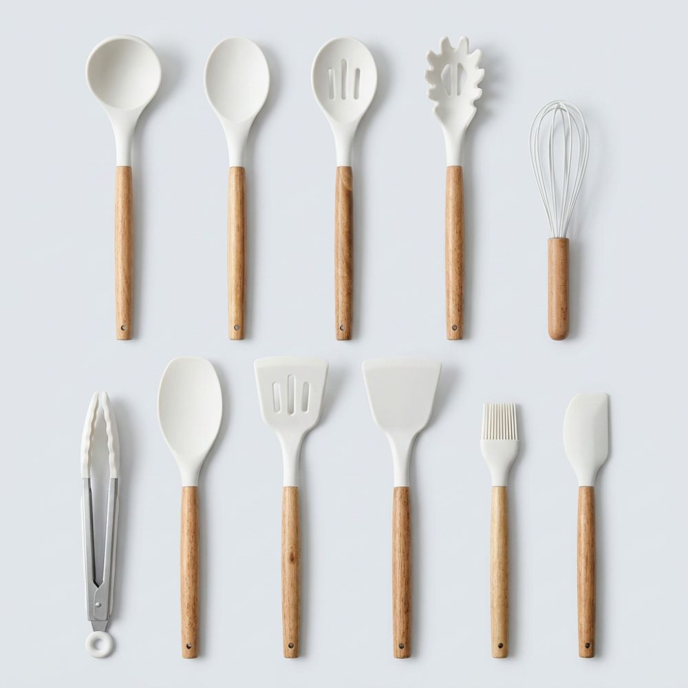 Set d'Ustensiles de Cuisine en Silicone et Bois