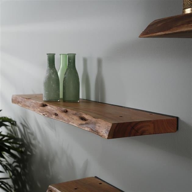 Wall Shelf – Acacia Wood with Tree-Trunk Finish, Industrial Design for the Living Room or Bedroom