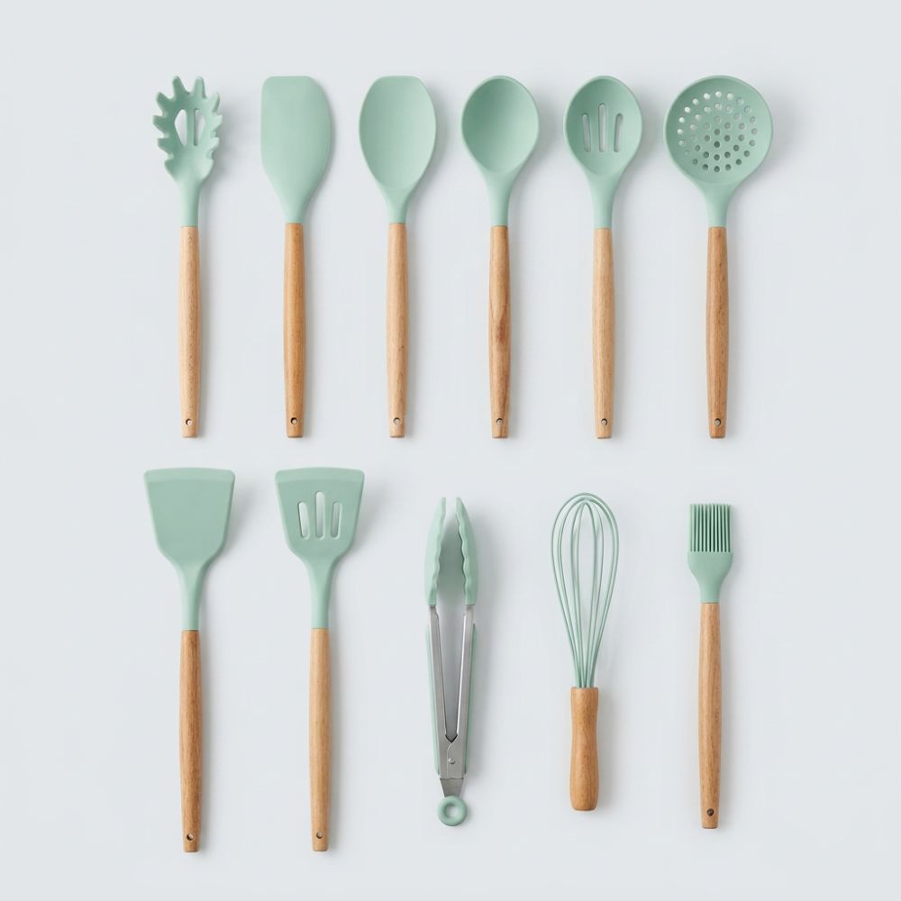 Set d'Ustensiles de Cuisine en Silicone et Bois