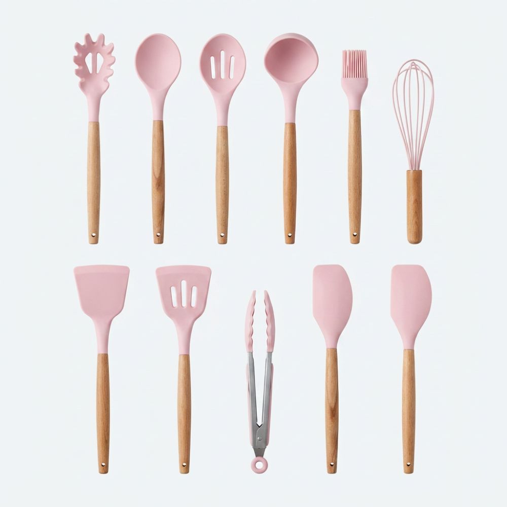 Set d'Ustensiles de Cuisine en Silicone et Bois