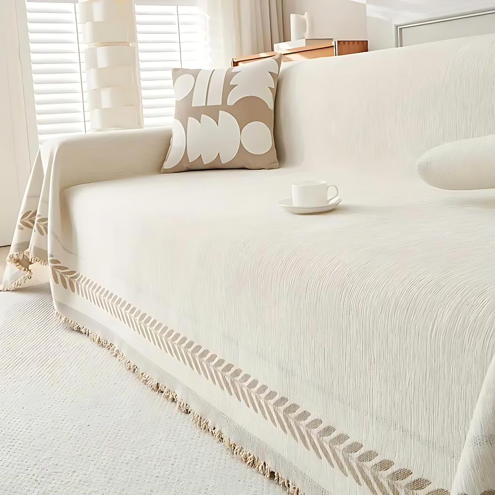 Housse de canapé – Coton chenille, design jacquard avec pampilles pour salon ou chambre