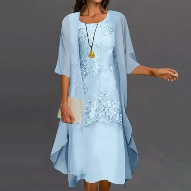 Robe Midi Dentelle Femme avec Gilet Chiffon Mariage