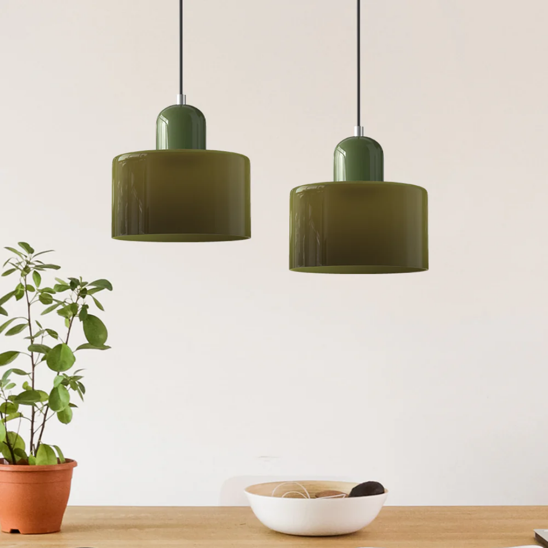 Retro pendant light – Dark green and orange glass shade for a dining table or reading nook, adjustable length up to 150 cm