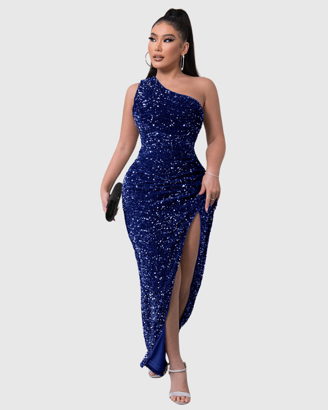 Robe de Soirée Asymétrique à Sequins Fendue Longue